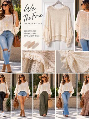 Free People We The Free Ivory Cotton Open Knit Boho Poncho Sweater Size L